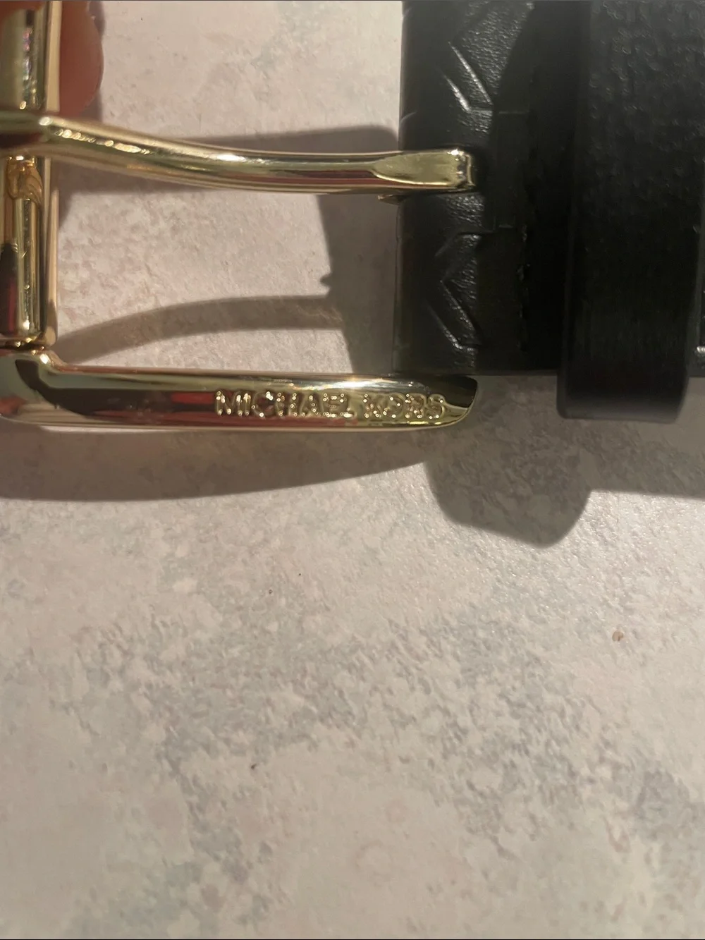 New Michael Kors Black Embossed MK Leather Belt with Gold-Tone Buckle